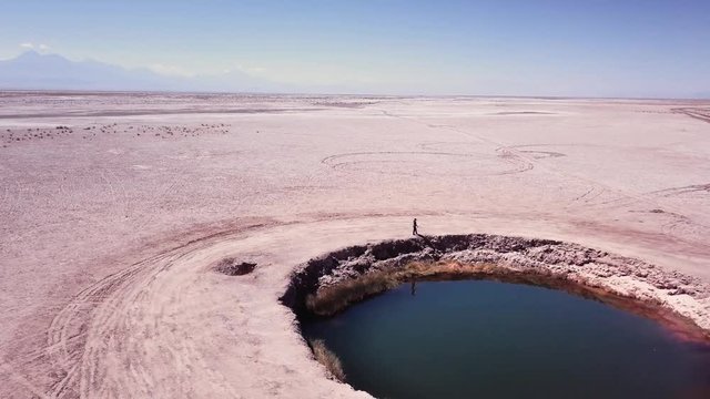 Aerial view of woman walking on de edge of the eyes of the salt flats, Chile.