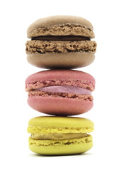 Colorful macaroons stacked on a white background.