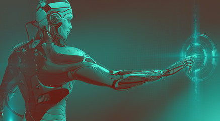 Highly detailed 3d render of robot touching virtual UI user interface, digital background - obrazy, fototapety, plakaty