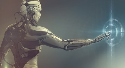 Highly detailed 3d render of robot touching virtual UI user interface, digital background