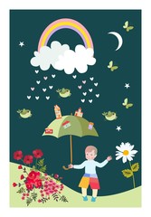 Fantasy card with cute little boy with fairy umbrella, rainbow, birds, butterflies and flower. Vertical vector pattern.