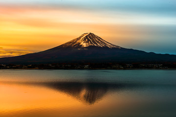 Mount Fuji and Lake Shojiko at sunrise in Japan.