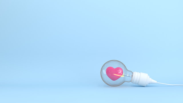 Heart with light bulb together on the blue background colorful 3D Illustration for copy space minimal object  pastel colorful concept 3D rendering background of Iove and background Valentine's Day