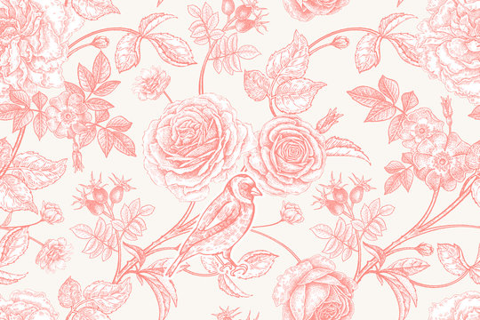 Seamless pattern with garden flowers and birds.