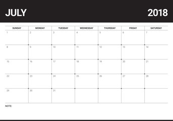 July 2018 calendar planner vector illustration