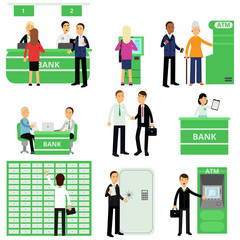 Bank workers and their clients in different situations. People characters in bank office. Investment management service. Finance and money. Flat vector design