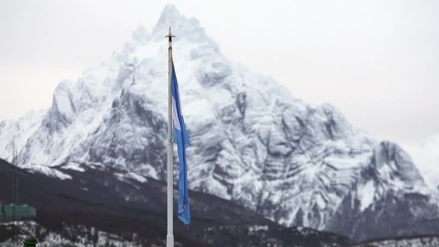 Flag of Argentina in Ushuaia, Capital of Tierra del Fuego province, Argentina, South America. Zoom In.