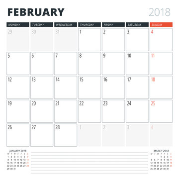 Calendar Planner for February 2018. Design Template. Week Starts on Monday. 3 Months on the Page