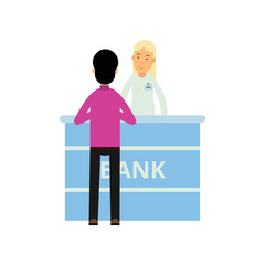 Young girl manager and man customer standing near reception desk. Finance and money. Cartoon people characters in bank office. Flat vector illustration