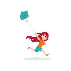 Happy kid girl character running with blue kite. Young girl having fun outdoors. Vector flat style cartoon illustration isolated on white.