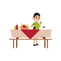 Young smiling boy spending time outdoors. Teenager stand near picnic table with food and fill glass with drink. Vector flat character on white