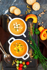 Concept of healthy vegetable and legume soups.