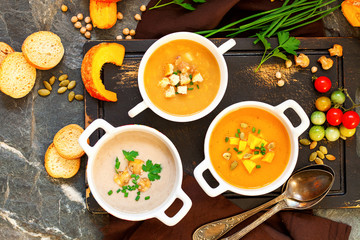 Concept of healthy vegetable and legume soups.