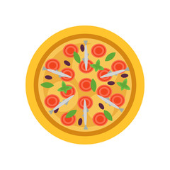 Tasty seafood pizza with tomatoes, little tuna-fish, black olives and fresh basil leaves. Fast food. Isolated flat vector design for poster or restaurant menu