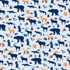 Seamless pattern, Kamchatka cartoon travel vector illustration, colorful symbol isolated on light blue backdrop, decorative texture wild animals, volcanoes, mountains for design wallpaper, textile