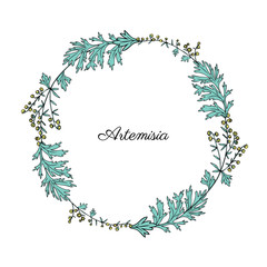 Round frame with Artemisia vulgaris, wreath common wormwood hand drawn vector illustration isolated on white, Also called absinthium, absinthe wormwood, sagebrush herb, mugwort plants for design