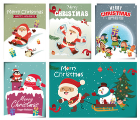 Vintage Christmas poster design with vector Santa Claus, elf, penguin characters.