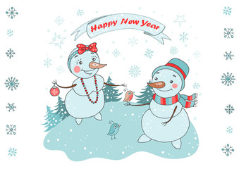 Christmas Greeting Card with cute couple snowman and birds