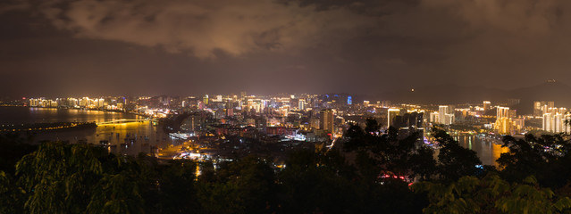 Panoramic night view of Sanya city on Hainan Island in China