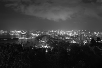 Night city of Sanya on Hainan Island, view from the park Deer turned Head or Lu Hui Tou Gong Yuan - black and white