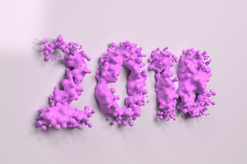 Liquid violet 2018 number with drops on white background