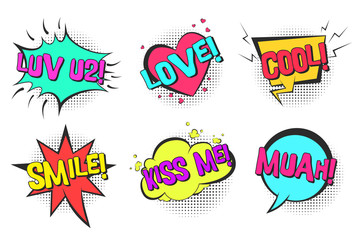 Bright lovely retro comic speech bubbles set with colorful Cool, Kiss me, Love, Muah, Smile words. Color balloons with black halftone shadow in pop art style for St. Valentines greeting cards design