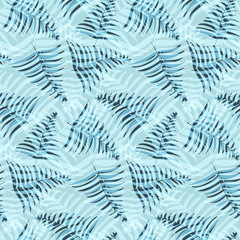 Abstract dark and light blue tropical leaves seamless pattern. Nice trendy vector exotic leaves texture for textile, wrapping paper, background, surface, cover, web design