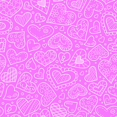 Different hearts in doodle and cartoon style. Seamless pattern. Pink. Vector
