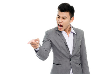 Portrait of a business man is angry. Isolated on white background
