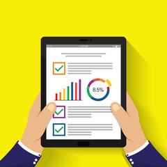 hand holding tablet. businessman read financial analysis report with  chart and graph. flat design for business concept.
