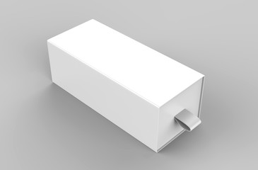 Fototapeta premium Realistic Package Cardboard Sliding drawer Box with ribbon pull on grey background. For small items, matches, and other things. 3d render illustration