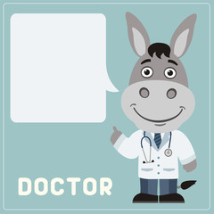 Donkey doctor with bubble speech in cartoon style. Smiling doctor Donkey says important information about health.