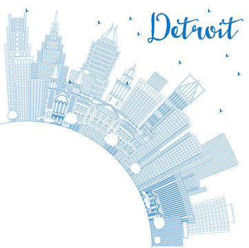 Outline Detroit Michigan USA City Skyline with Blue Buildings and Copy Space.