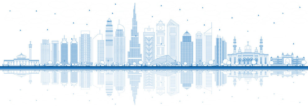 Outline Dubai UAE City Skyline with Blue Buildings and Reflections.