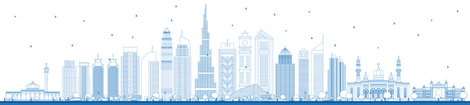 Outline Dubai UAE City Skyline with Blue Buildings.