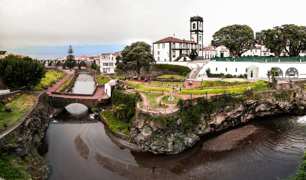 Panoramic cityscape view to Municipality and central square Of Ribeira Grande, Sao Miguel, Azores, Portugal