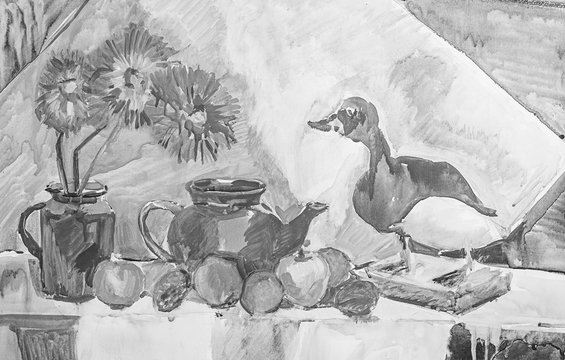 illustration with a teapot, flowers, fruits and stuffed duck