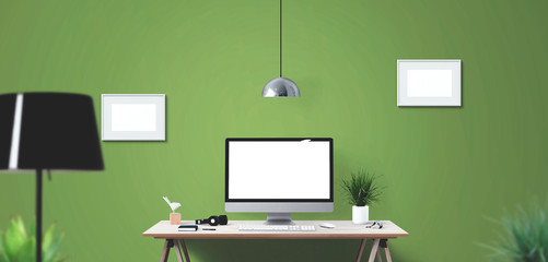 Computer display and office tools on desk. Desktop computer screen isolated..