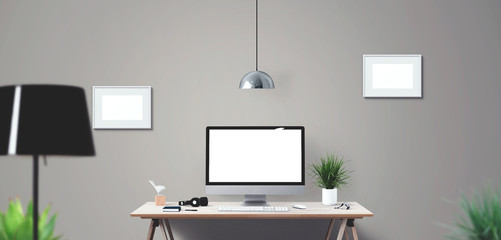 Computer display and office tools on desk. Desktop computer screen isolated..
