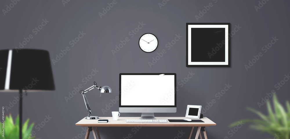 Wall mural desktop computer screen isolated. modern creative workspace background.. mockup scene creator