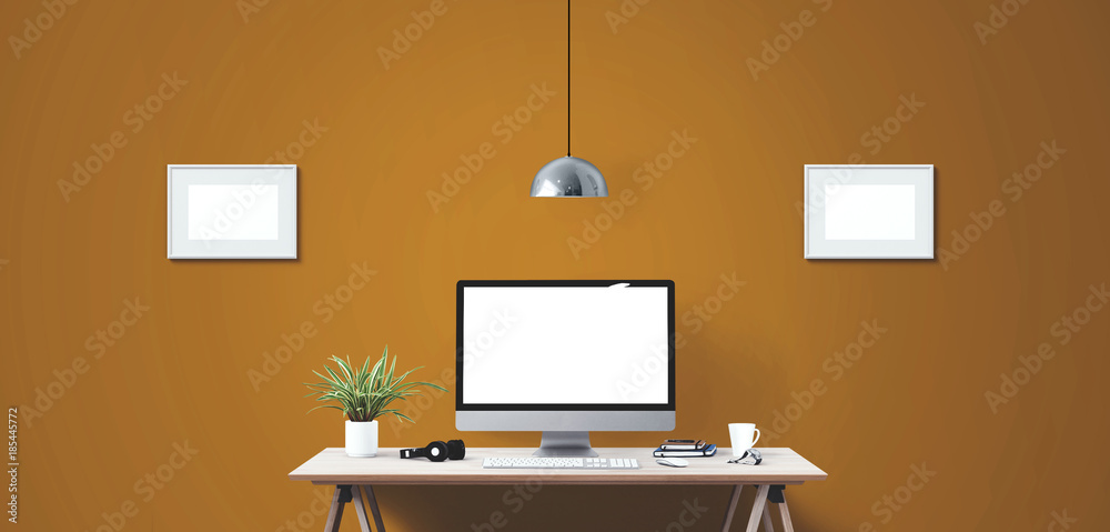 Wall mural desktop computer screen isolated. modern creative workspace background.. mockup scene creator