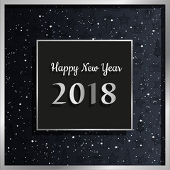Happy New Year 2018 elegant card with silver and stardust. Vector illustration. Design for invitation, banners, ads, coupons, promotional material.