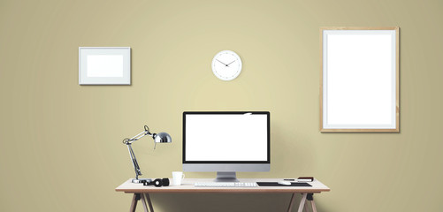 Computer display and office tools on desk. Desktop computer screen isolated. Modern creative workspace background. Front view.