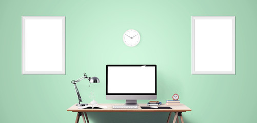 Computer display and office tools on desk. Desktop computer screen isolated. Modern creative workspace background. Front view.