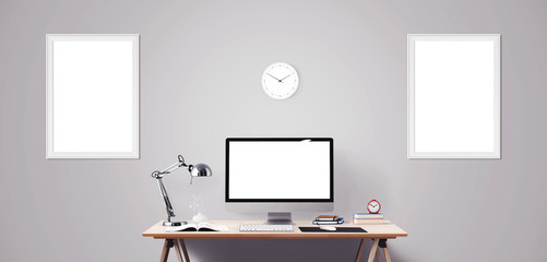 Computer display and office tools on desk. Desktop computer screen isolated. Modern creative workspace background. Front view.