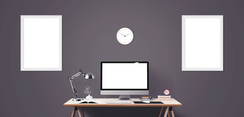 Computer display and office tools on desk. Desktop computer screen isolated. Modern creative workspace background. Front view.