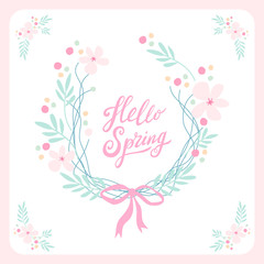 Cute rustic hand drawn Easter wreath of spring flowers with hand written text Hello Spring