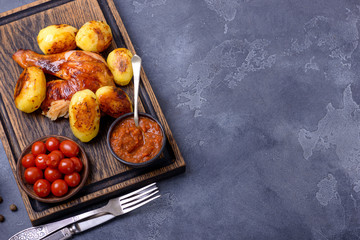 Fried chicken and potato with sauce and tomatoes
