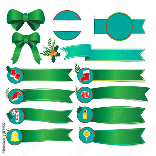 Fir lightbox "Set of christmas banners with green ribbon" Stock photo and royalty