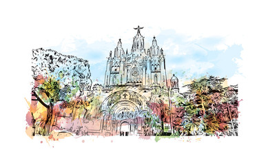 Barcelona, Spain. Watercolor splash with sketch in vector illustration.